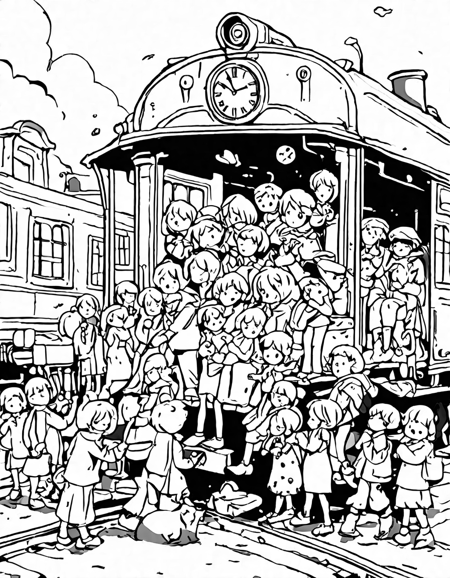 Coloring book image of emotional farewells at old train station with steam locomotive under grand clock in black and white