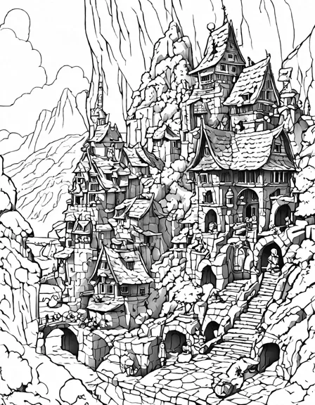 captivating coloring book page featuring a hidden mountain city of dwarves illuminated by dappled sunlight in black and white
