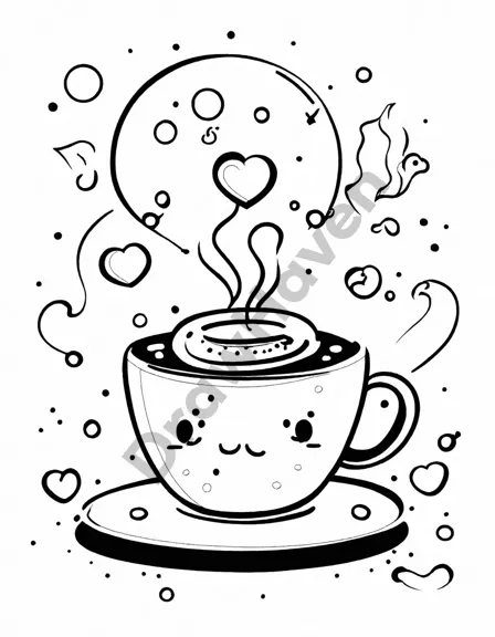 Coloring book image of serene image of a steaming coffee cup with latte art, inviting you to relax and savor a perfect coffee break in black and white