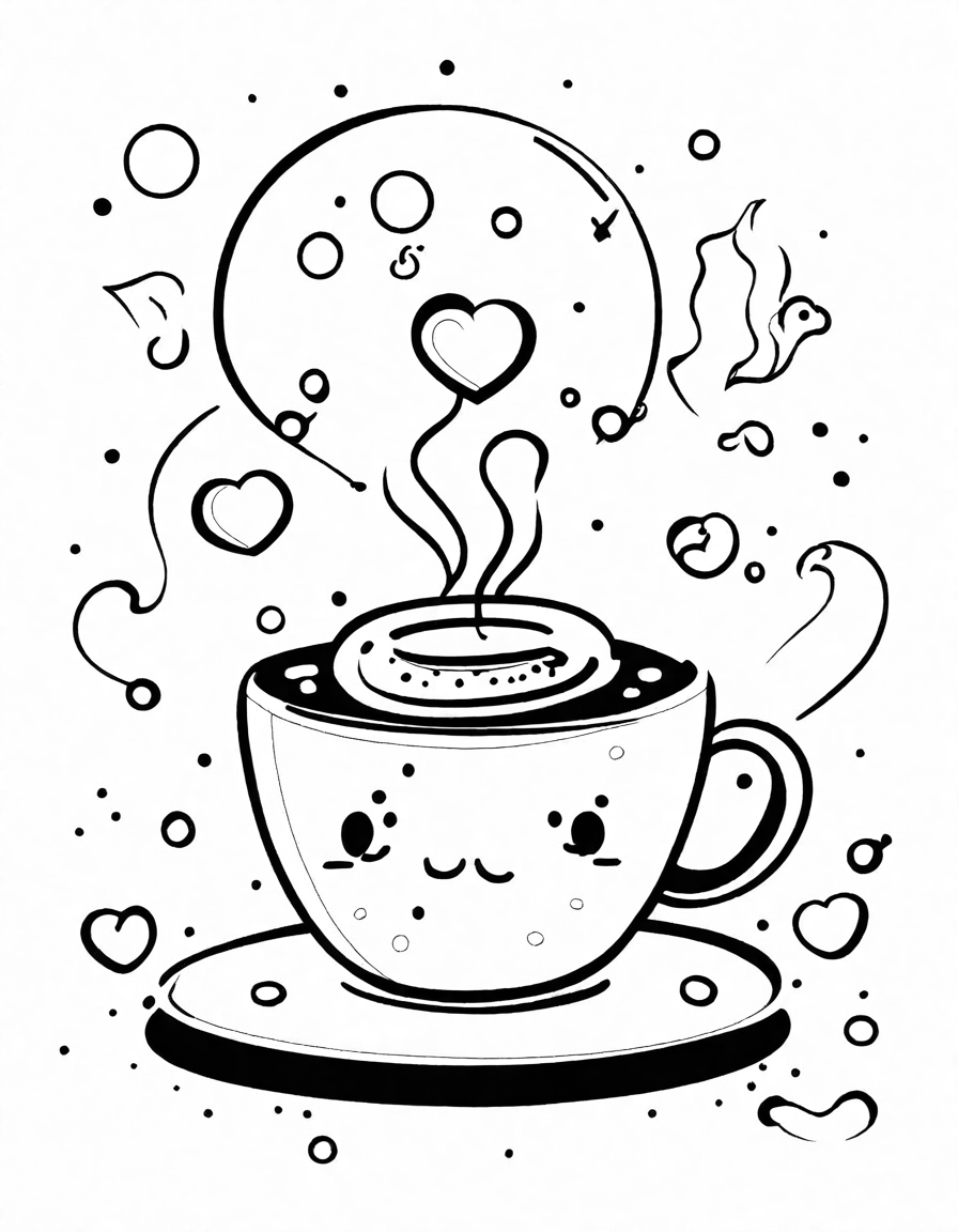 Coloring book image of serene image of a steaming coffee cup with latte art, inviting you to relax and savor a perfect coffee break in black and white