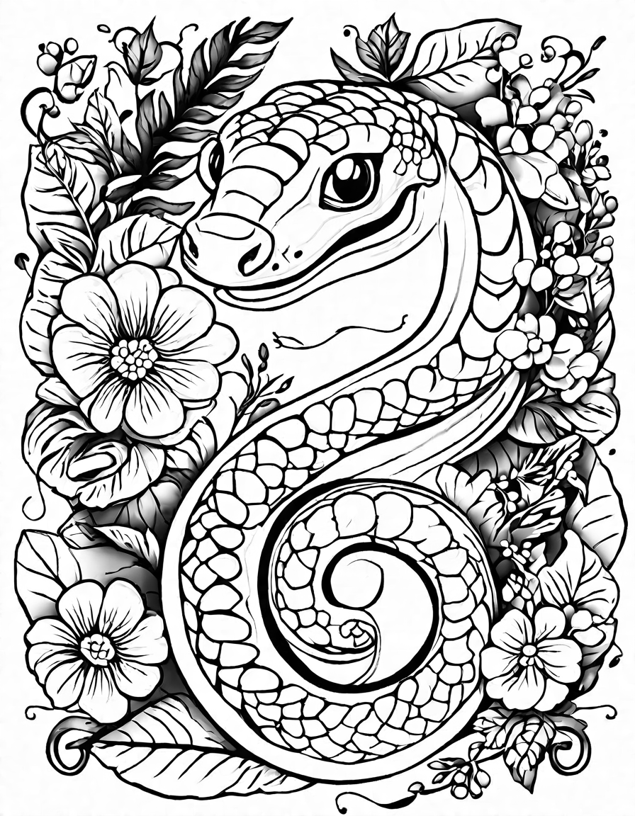enthralling coloring page featuring a graceful snake, teaching the letter s amidst vibrant scales and patterns in black and white