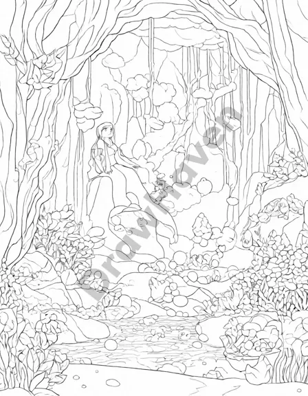 mysterious caves of the depths coloring page with stalactites, bioluminescent creatures, and underwater flora in black and white