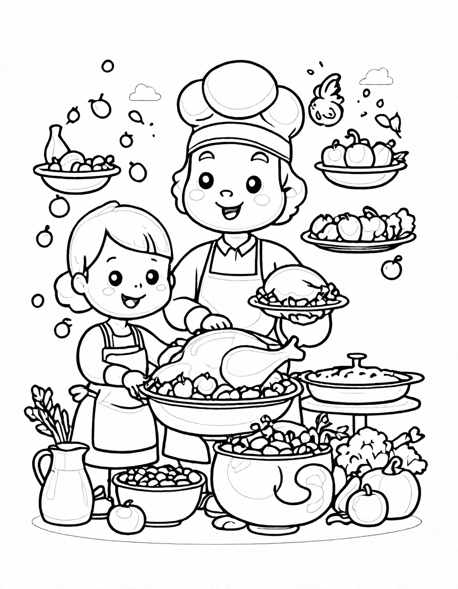 family preparing thanksgiving turkey in a colorful kitchen scene for a coloring book in black and white