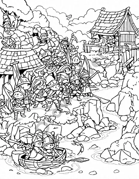 coloring page of vikings raiding a coastal village with longships and villagers defending in black and white