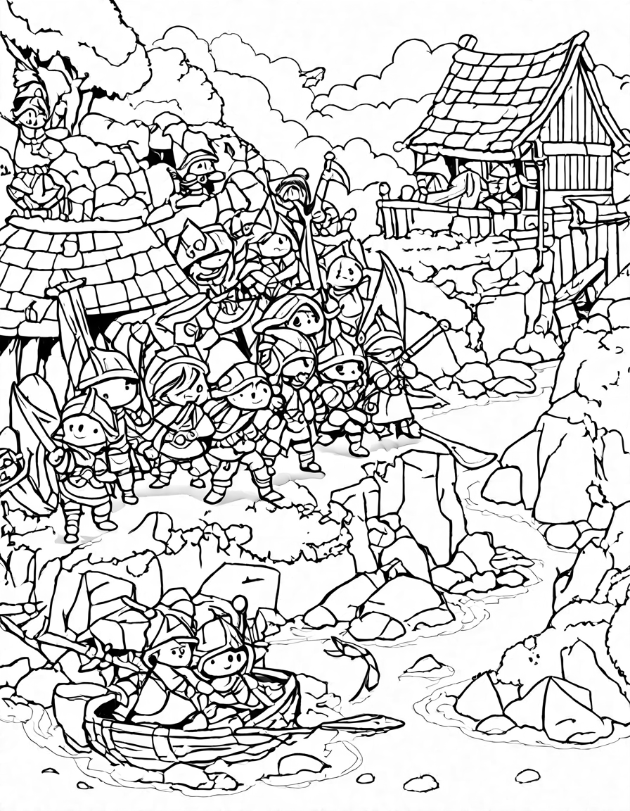 coloring page of vikings raiding a coastal village with longships and villagers defending in black and white
