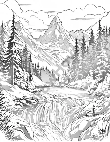 mystical mountain range coloring page with towering peaks, waterfalls, lakes, and lush slopes in black and white