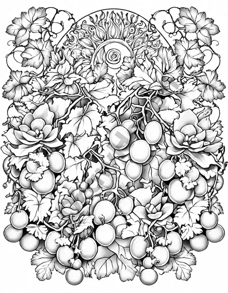 coloring page featuring lush garden with grapes and tomatoes, inviting artistic shading in black and white