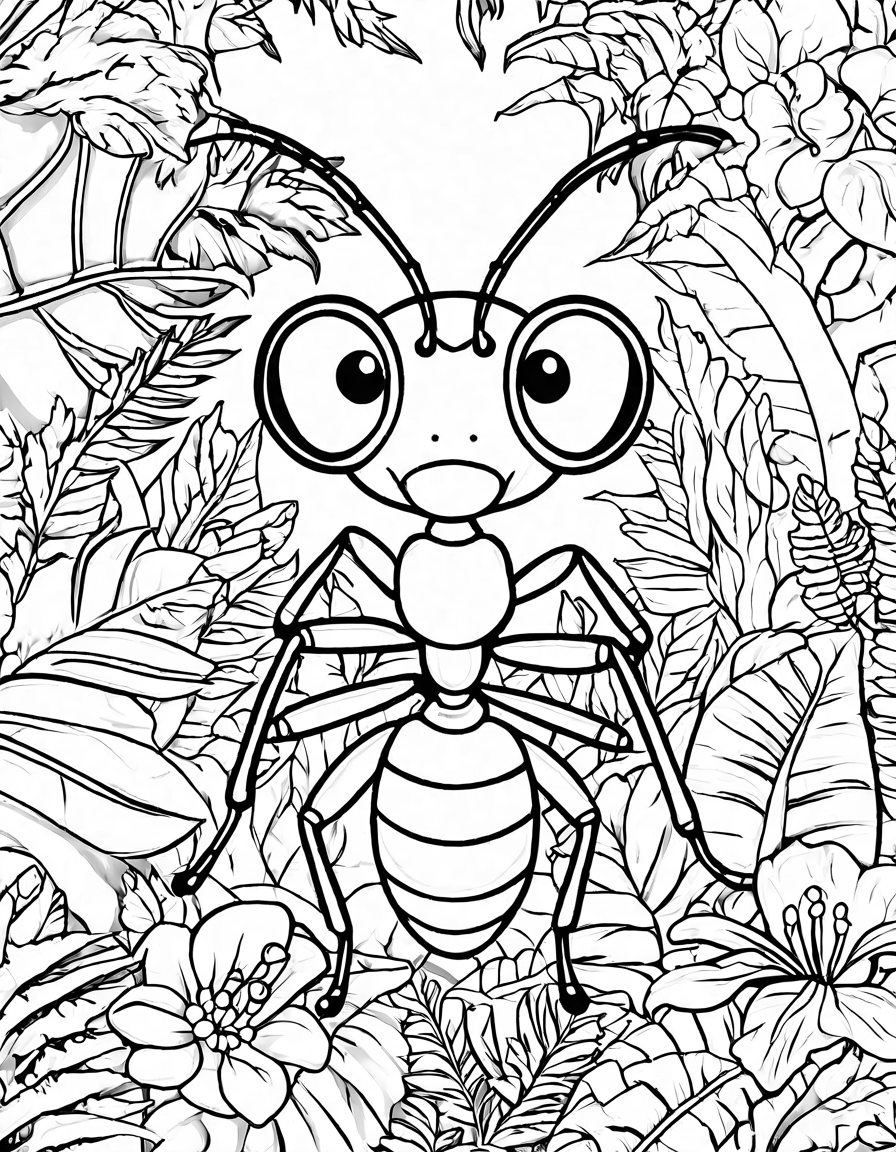 detailed jungle safari coloring book page featuring an ant parade with lush foliage background in black and white
