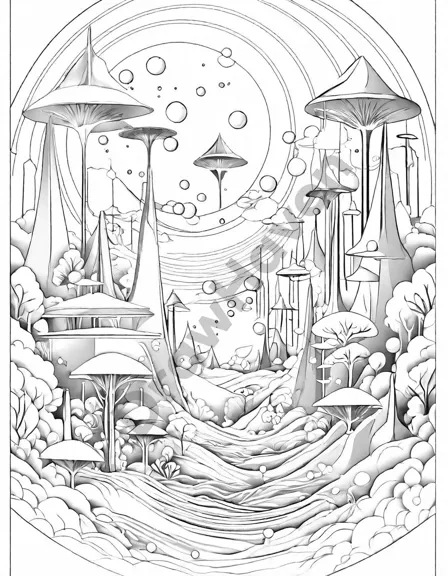 surreal coloring page featuring abstract landscape with organic forms, geometric patterns, hidden images, and enigmatic faces in black and white