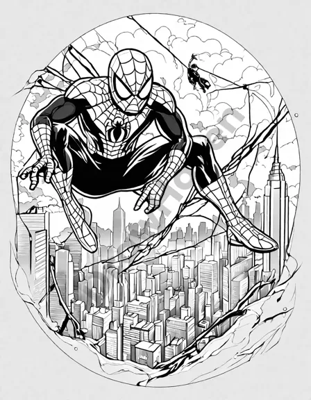 thrilling coloring page featuring spider-man swinging through the city, dodging a web trap set by his nemesis, with vibrant skyscrapers and intricate web patterns in black and white