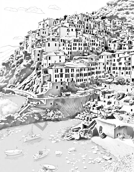coloring book illustration showcasing the colorful houses of cinque terre on the italian riviera coast in black and white