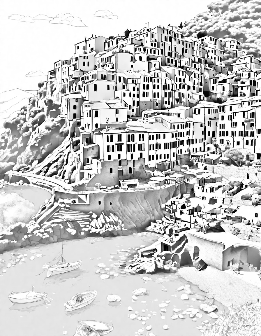 coloring book illustration showcasing the colorful houses of cinque terre on the italian riviera coast in black and white