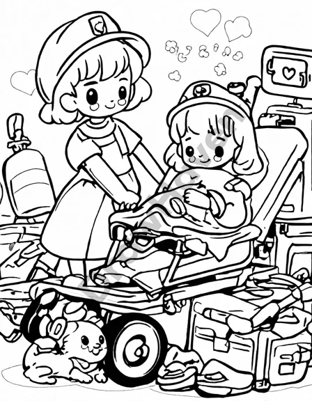 coloring book page of ems team and ambulance ready at a firefighting scene, showcasing medical preparedness in black and white