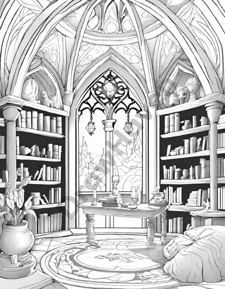 princess lily's secret tower room coloring book image with a magical night sky ceiling and potion desk in black and white