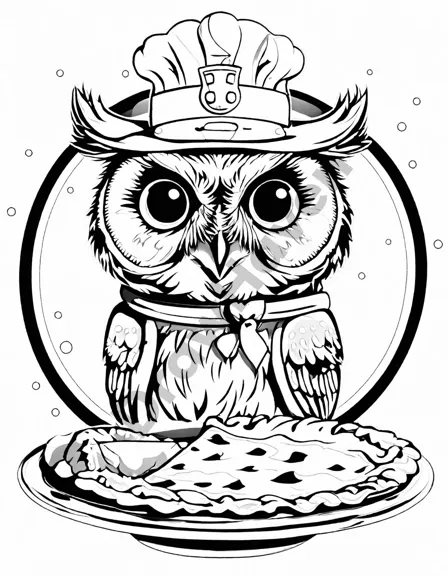 Coloring book image of animated animals judging a pie contest under autumn leaves, featuring a wise owl, a squirrel, and a rabbit in black and white