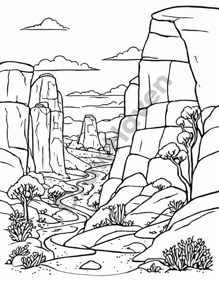 coloring page featuring a dry riverbed with rock formations, desert wildflowers, and petroglyphs in black and white