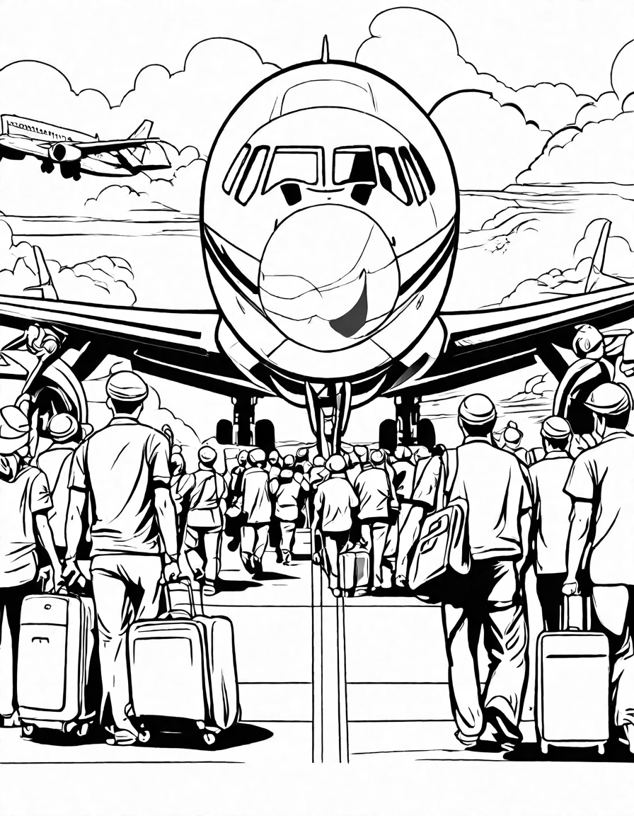 Coloring book image of passengers queuing to board a boeing dreamliner at the gate, with ground crew and pilots preparing for takeoff in black and white