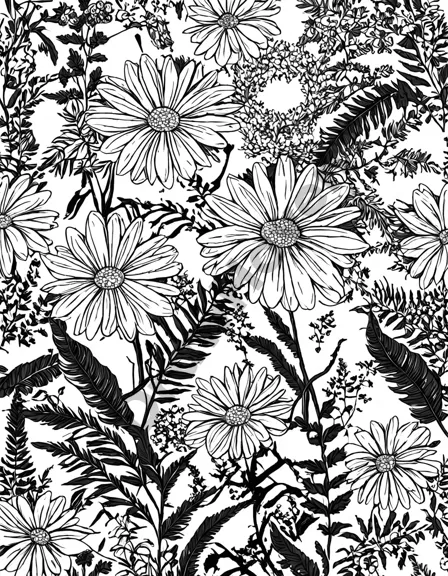 intricate daisy coloring page for floral enthusiasts, featuring detailed petals and serene background blooms in black and white