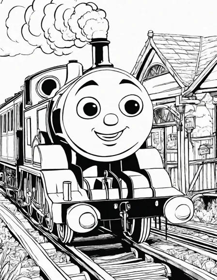 Coloring book image of thomas the tank engine's percy explores sodor station with friends in black and white