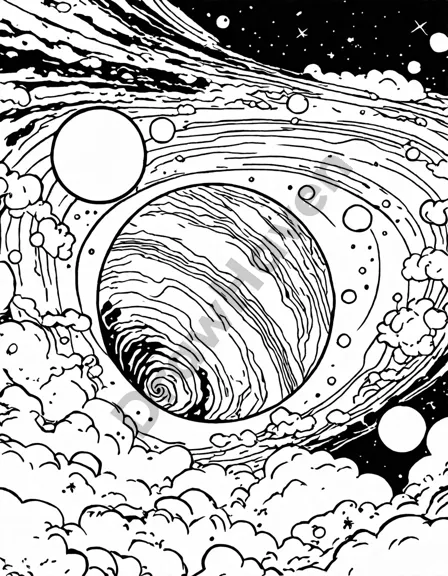coloring book illustration of jupiter with great red spot and swirling storms, inviting exploration of intricate patterns and movements in the planet's atmosphere in black and white