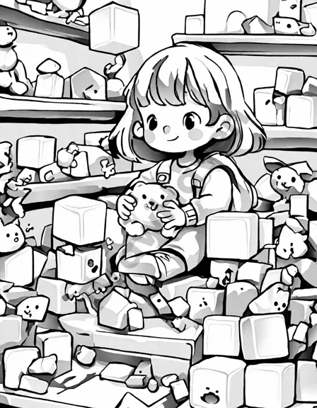 coloring page of toy store with intricate puzzle cube challenge and children engaging in various toys in black and white