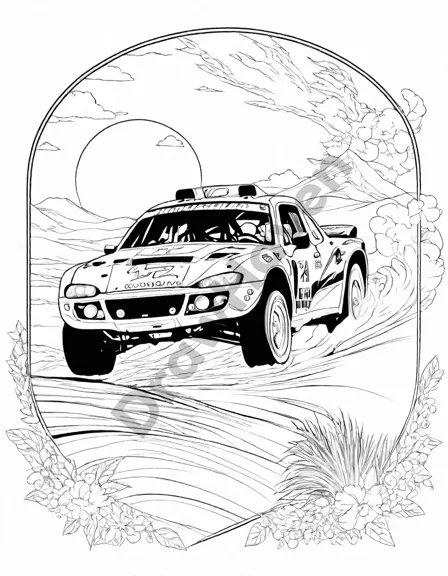 coloring page of race cars and trucks in a desert rally, highlighting intense racing action and detailed vehicle designs in black and white