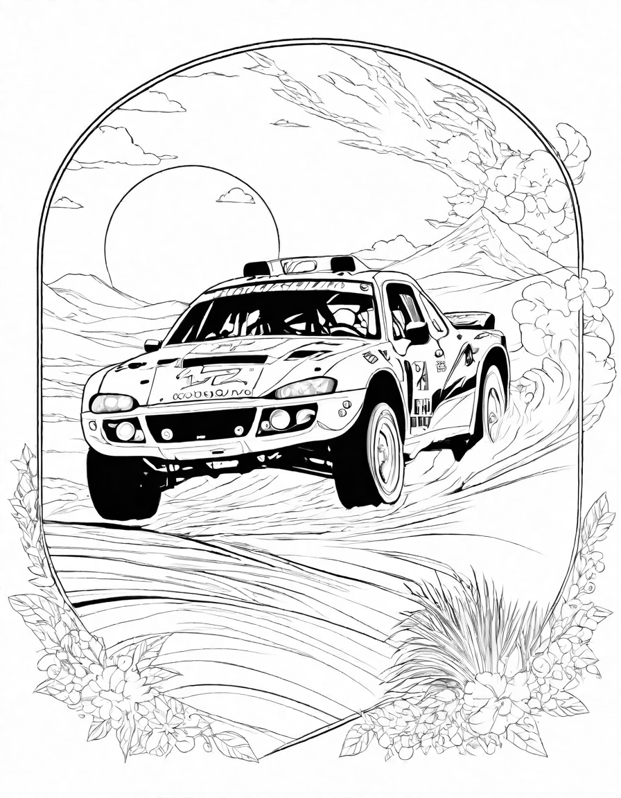 coloring page of race cars and trucks in a desert rally, highlighting intense racing action and detailed vehicle designs in black and white
