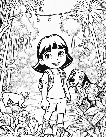 Coloring book image of dora and her fox companion boots search for the legendary rainbow rock in the rainforest in black and white