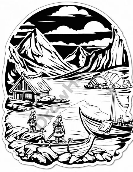 coloring page of erik the red establishing a norse settlement in greenland with vikings and wildlife in black and white