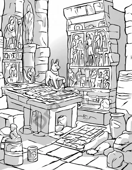 coloring book page of egyptian mummification in an embalming chamber with hieroglyphs and anubis in black and white