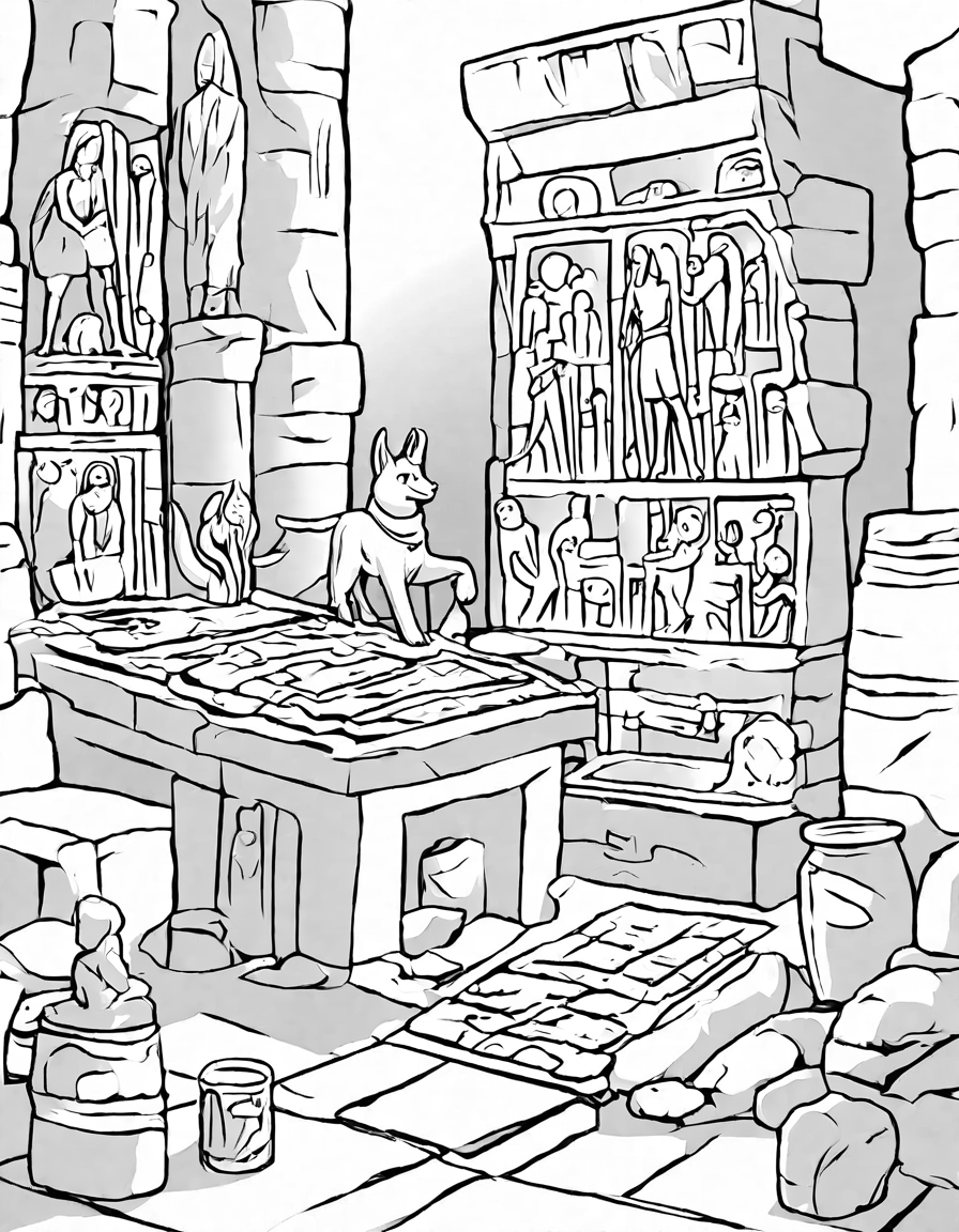 coloring book page of egyptian mummification in an embalming chamber with hieroglyphs and anubis in black and white
