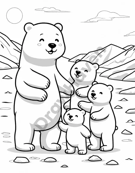 coloring book image of a polar bear mother with cubs in an icy arctic landscape in black and white
