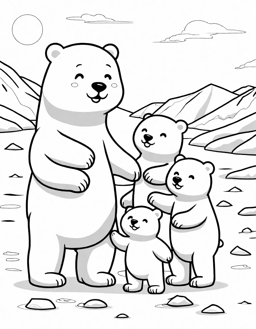 coloring book image of a polar bear mother with cubs in an icy arctic landscape in black and white