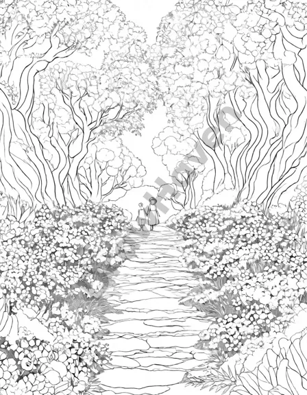 intricate coloring book page featuring surreal blooms, labyrinthine paths, and lofty trees in enchanting hues in black and white