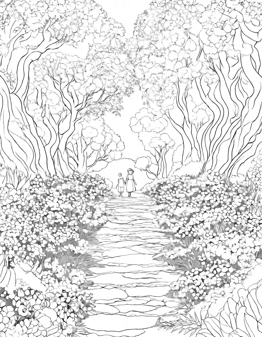 intricate coloring book page featuring surreal blooms, labyrinthine paths, and lofty trees in enchanting hues in black and white