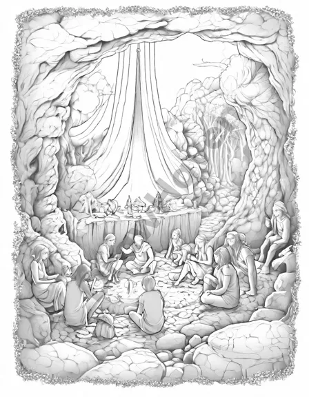 Coloring book image of prehistoric cavemen gather around a roaring fire, sharing stories and food, their faces illuminated by the flickering flames in black and white