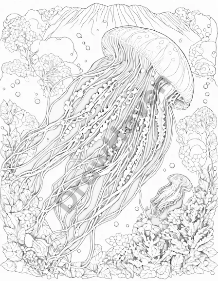 glowing creatures of the abyss coloring page with bioluminescent jellyfish, anglerfish, and glowing plankton in underwater scene in black and white