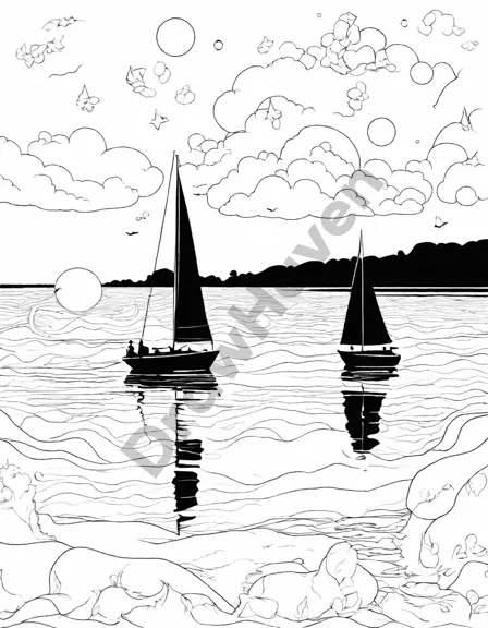 Coloring book image of sunset over ocean with sailboat silhouettes and starry sky in black and white