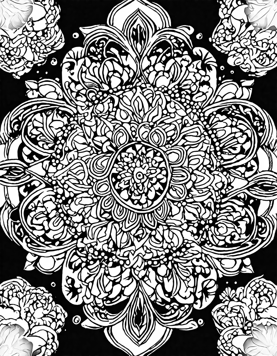 fiery flames of the phoenix mandala coloring page with vibrant oranges, reds, and yellows in black and white