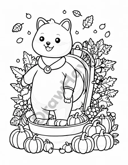 coloring book page featuring a cornucopia of autumn harvest with pumpkins, apples, grapes, and corn in black and white