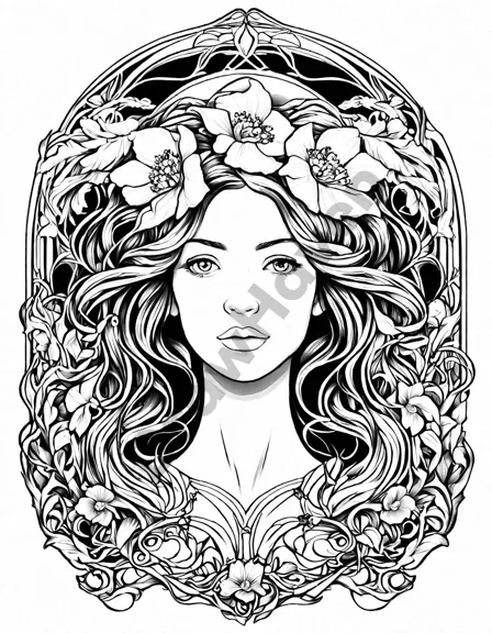 art nouveau coloring page features an intricate portrait of a woman with graceful floral-adorned hair and a captivating gaze in black and white
