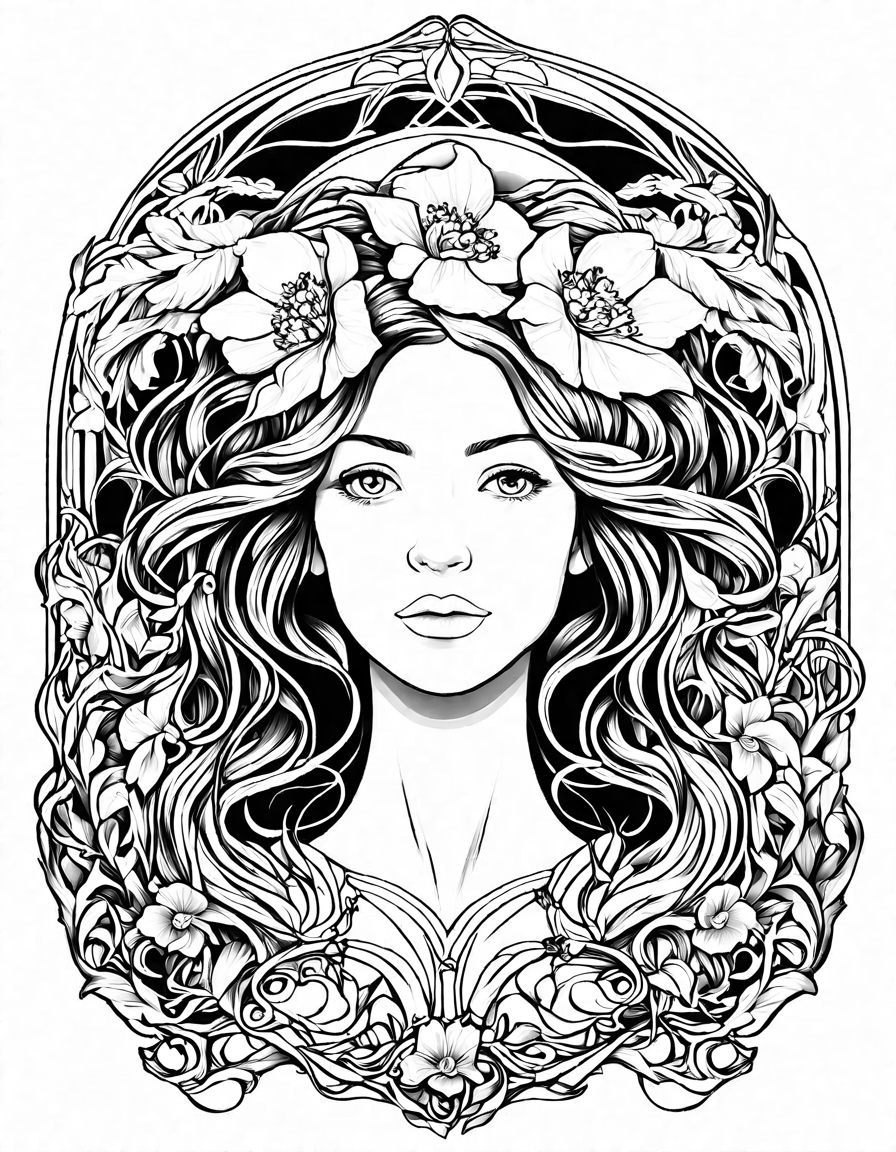 art nouveau coloring page features an intricate portrait of a woman with graceful floral-adorned hair and a captivating gaze in black and white