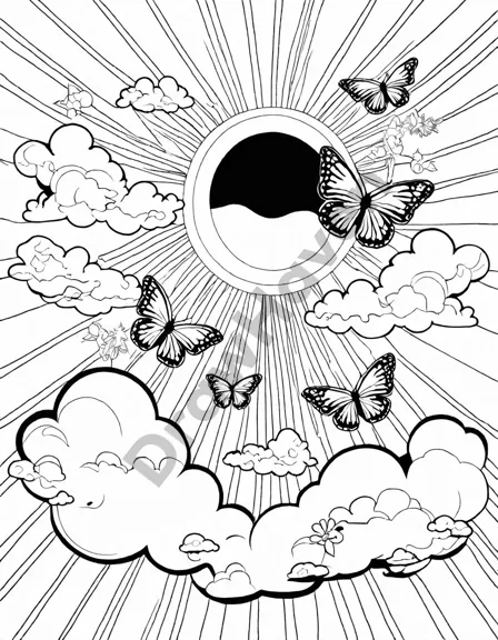 coloring book page featuring a group of bright, cartoonish butterflies fluttering in the sun on a blue sky background in black and white