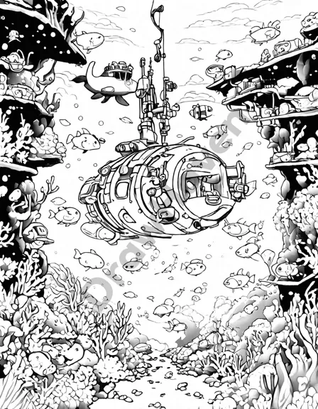 robotic submarines exploring coral reefs and marine life in an underwater coloring scene in black and white
