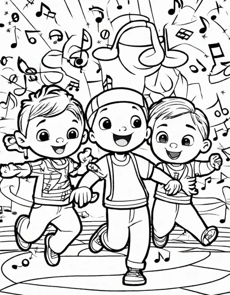 cocomelon the great cocomelon dance off coloring page featuring jj, tomtom, and yoyo in black and white