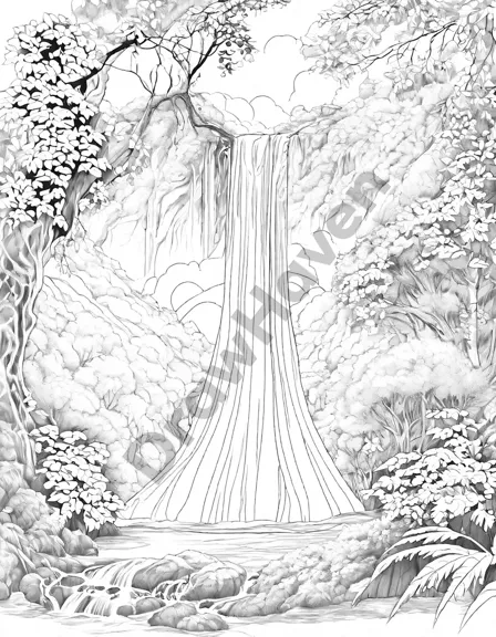 tranquil forest waterfall with mossy cliff and sun-dappled pool, surrounded by ancient trees - a peaceful adult coloring book illustration in black and white
