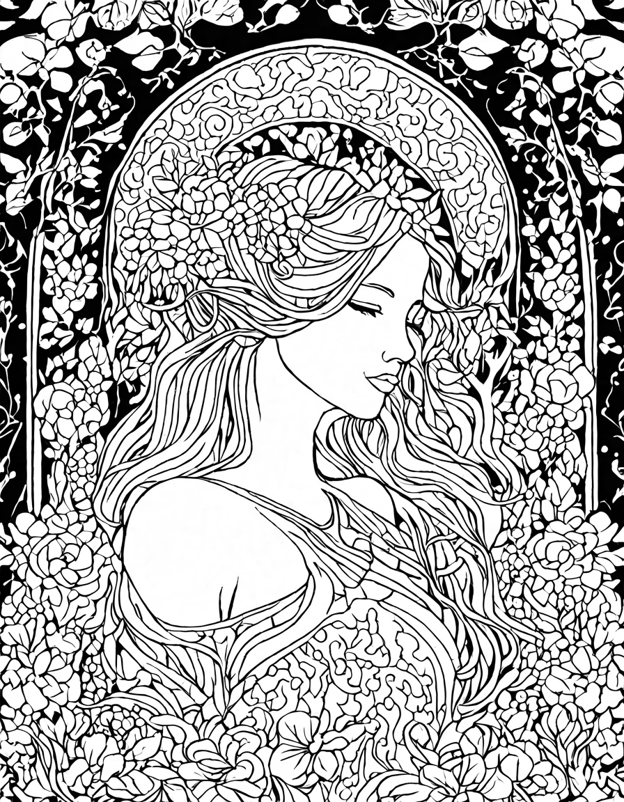 art nouveau coloring page with flowing lines, organic motifs, and textile designs in black and white