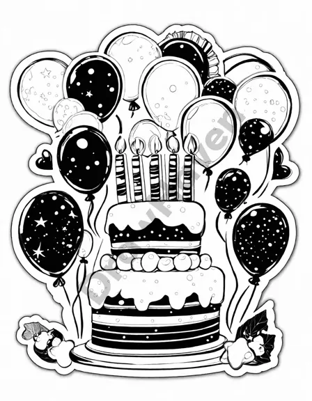 birthday karaoke superstar coloring book page with a glittering stage, balloons, and musical notes in black and white