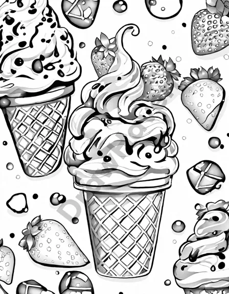 coloring page of a whimsical ice cream shop with oversized tubs of vibrant flavors and excited customers in black and white