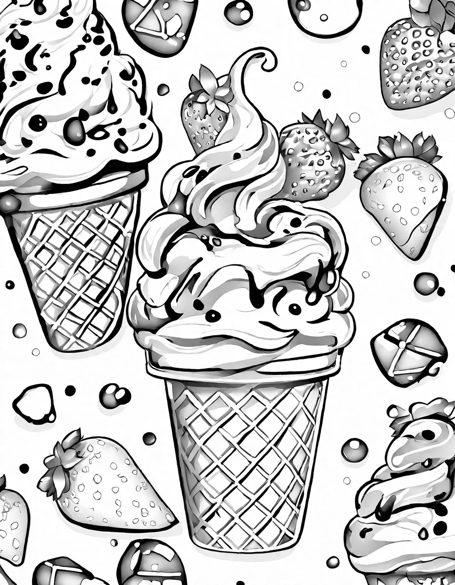 coloring page of a whimsical ice cream shop with oversized tubs of vibrant flavors and excited customers in black and white